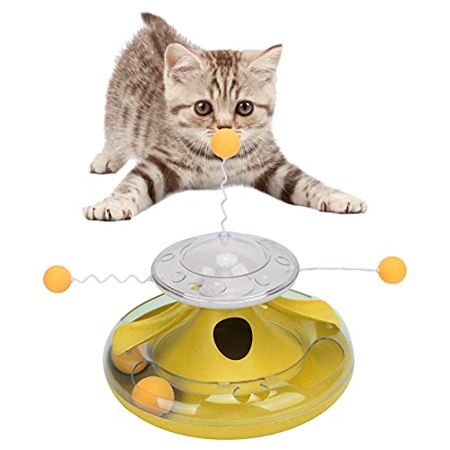 OKJHFD Katzen-Drehteller-Leckspielzeug, Kreisverfolgungs-Puzzle-Futterausgabespielzeug, Indoor-Puzzle-Snack-Futterspender, Leckerli-Spender mit Katzen-Teaser und rotierendem Trackball (Yellow) von OKJHFD