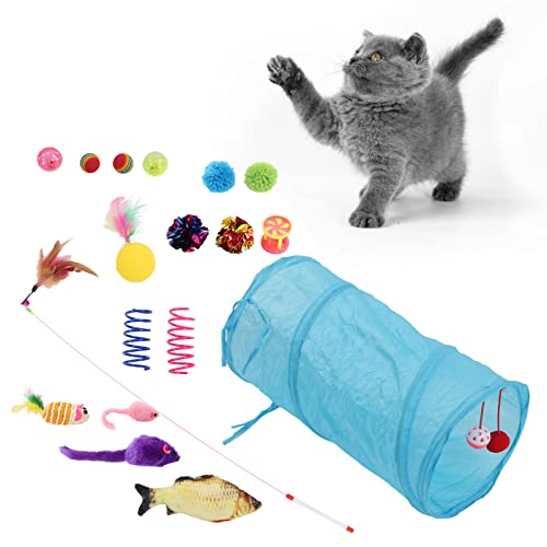 OKJHFD Katzenspielzeug-Set, interaktiver zusammenklappbarer Katzentunnel, Katzen-Stäbchen, Glockenball, Sisal-Maus, simulierter Fisch für Katzen, Welpen, Kätzchen im Innenbereich von OKJHFD