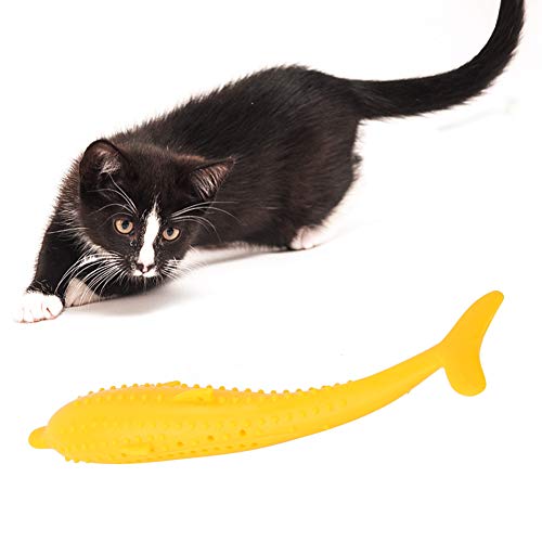 OKJHFD Katzenzahnbürstenspielzeug, weiches Silikon, Katzenminze, Fisch, Katzenspielzeug, Haustierkatze, die saubere Zähne kaut, interaktives Spielzeug, Kauspielzeug, 16,5 cm (gelb) von OKJHFD