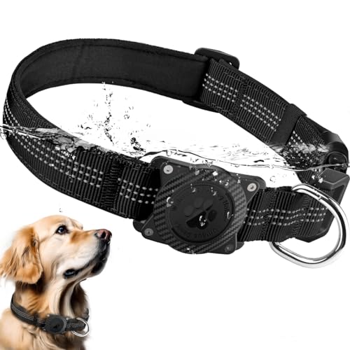 OKVSKO Airtag Hundehalsband, wasserdicht, Airtag-Halter, Hundehalsband, reflektierend, bequem, gepolstert, verstellbares Haustierhalsband für kleine, mittelgroße und große schwere Hunde, Schwarz ohne von OKVSKO