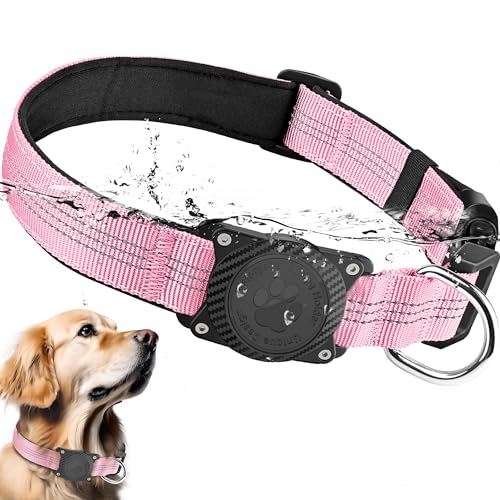 OKVSKO Airtag Hundehalsband, reflektierendes Hundehalsband mit wasserdichtem Airtag-Halter, bequem gepolstert, verstellbares Haustierhalsband für kleine, mittelgroße und große schwere Hunde, Rosa, L von OKVSKO