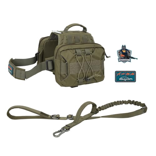 OLIFE Taktischer Hunderucksack & Leine Hundegeschirr 900D Polyester Satteltasche Hunderucksack Einstellbar Molle Hund Rucksack für Mittelgroße Große Hunde(OD Grün) von OLIFE