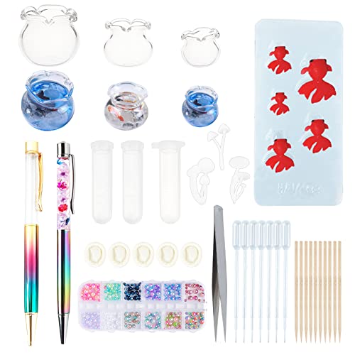 OLYCRAFT 55PCS Miniatur-Koi-Fischform-Kugelschreiber, Glas Goldfischschale, Perle, Pilz Botanical Terrarium Craft Set Für Harz Craft von OLYCRAFT