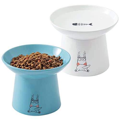 OMAYKEY Extra breite, erhöhte Katzennäpfe, 16,5 cm, Keramik, erhöhter Katzennapf, Set für Futter und Wasser, breiter, flacher Futternapf, Schnurrhaar, Müdigkeit, schützt die Wirbelsäule, Weiß und Blau von OMAYKEY