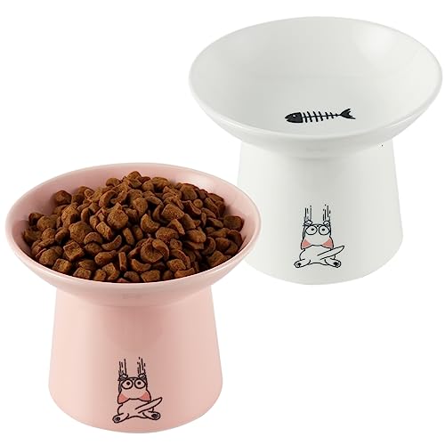 16.5 cm extra breite Keramik-Katzennäpfe erhöht, erhöhte Katzennäpfe für Futter und Wasser, breite, flache Katzenfutterschale, Anti-Schnurrhaar, Anti-Erbrechen, blei- und cadmiumfrei, Weiß & Rosa von OMAYKEY