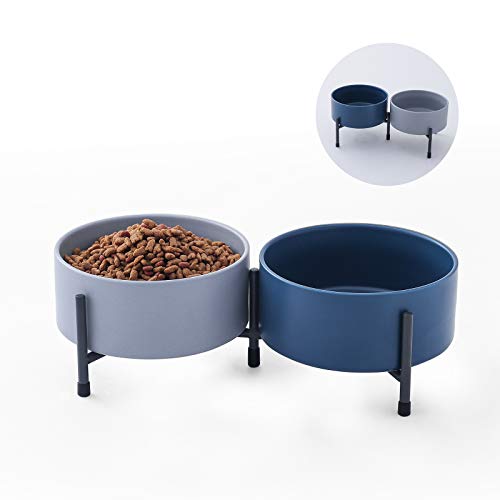 OMAYKEY Keramiknapf für Hunde und Katzen, 2 Stück, mit erhöhtem Metallständer, 15,2 cm, Keramik, rund, Futternapf für Katzen und Hunde, Blau und Grau von OMAYKEY