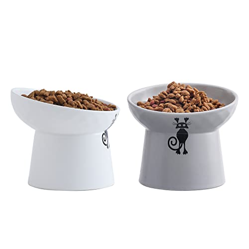 Keramik Erhöhte Katzennäpfe, Neigte Erhöhte Katzenfutter und Wasserschalen Set, Porzellan Stress Free Pet Feeder Dish für Katzen und kleine Hunde,Weiß & Grau, 2er Set von OMAYKEY