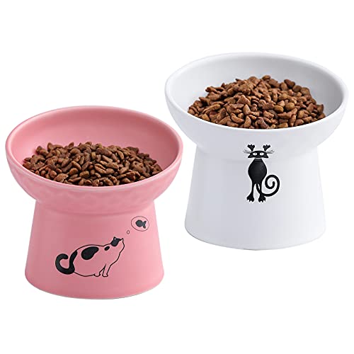 Keramik Erhöhte Katzennäpfe Gekippte Erhöhte Katzenfutter und Wassernäpfe Set, Porzellan Stressfrei Pet Feeder Schüssel Schüssel für Katzen und kleine Hunde,Weiß & Rosa, 2er Set von OMAYKEY