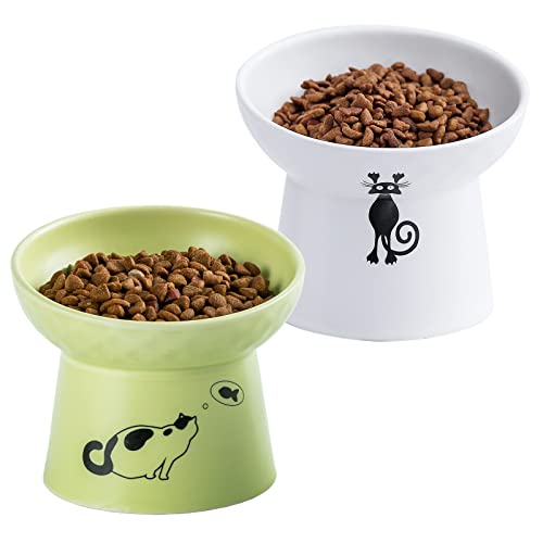 Keramik Erhöhte Katzennäpfe Gekippte Erhöhte Katzenfutter und Wassernapf Set, Porzellan Stressfrei Pet Feeder Dish für Katzen und kleine Hunde,Weiß & Früchtegrün, 2er Set von OMAYKEY