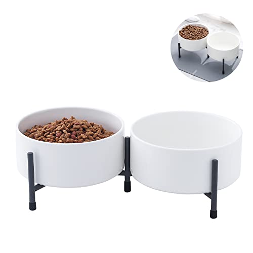 OMAYKEY Keramiknapf für Hunde und Katzen, 907 ml, 2 Stück, mit erhöhtem Metallständer, 15,2 cm, Keramik, rund, Futternapf für Katzen und Hunde, Weiß von OMAYKEY