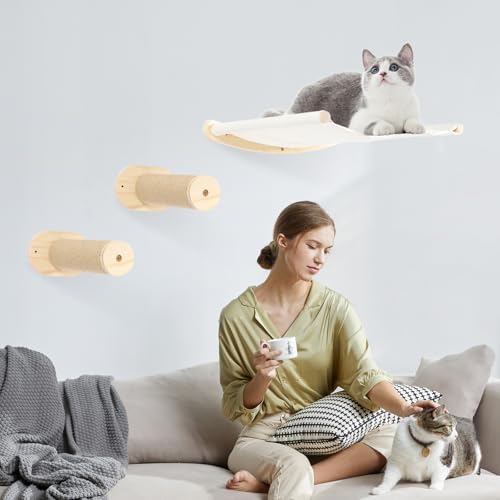 Kletterwand Katzen Wandelemente, 3-Teilig Katzenmöbel Katzenwand Katzen Kletterwand Set mit Katzentreppe Wand Katzenhängematte für Katze Schlafen Spielen Lounging von OMGGYER