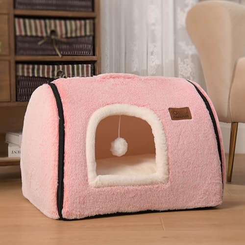 Katzenbett für Indoor-Katzen, weich und bequem, niedliches Katzenbett, Katzenhaus mit abnehmbarem, waschbarem Kissen, geschlossenes Katzenbett, Katzenhütte, Versteck für kleine und große Hunde (Rosa) von OMLIVLIES