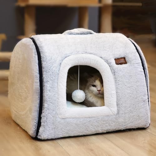 OMLIVLIES Katzenbett für Indoor-Katzen, weich und bequem, niedliches Katzenbett, Katzenhaus mit abnehmbarem, waschbarem Kissen, geschlossenes Katzenbett, Katzenhütte, Versteck für kleine Hunde, Grau von OMLIVLIES