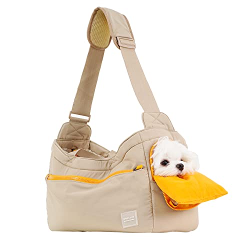 ONECUTE Business-Hundetasche für Kleine Hunde & Katzen – Klappbare Tragetasche mit Weichgepolstertem Hartboden, Belüftungsmesh & Seitentaschen – Elegant für Alltag, Outdoor & Büro (Khaki,40x14x25 cm) von ONECUTE