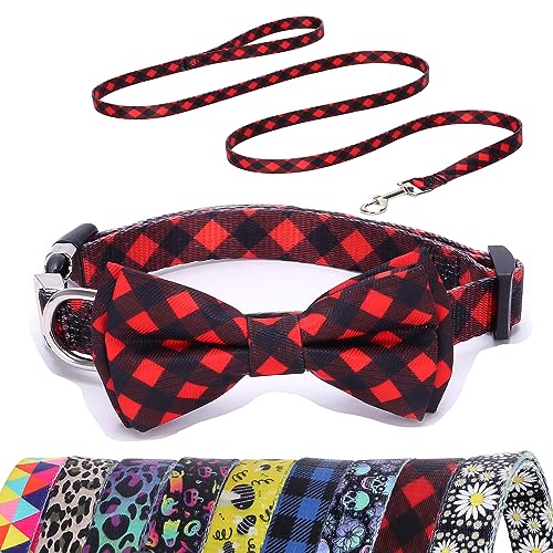 Buffalo Plaid Hundehalsband und Leine, Set, Fliege Haustierhalsband, verstellbares Hundehalsband für männliche und weibliche Hunde, Welpenhalsband für XS, kleine, mittelgroße bis große Hunde oder von ONEFOJOJO