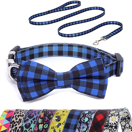 Buffalo Plaid Hundehalsband und Leine, Set mit Fliege, Haustierhalsband, verstellbares Hundehalsband für männliche und weibliche Hunde, blaues Büffelkariertes Hundehalsband für XS, kleine, mittelgroße von ONEFOJOJO