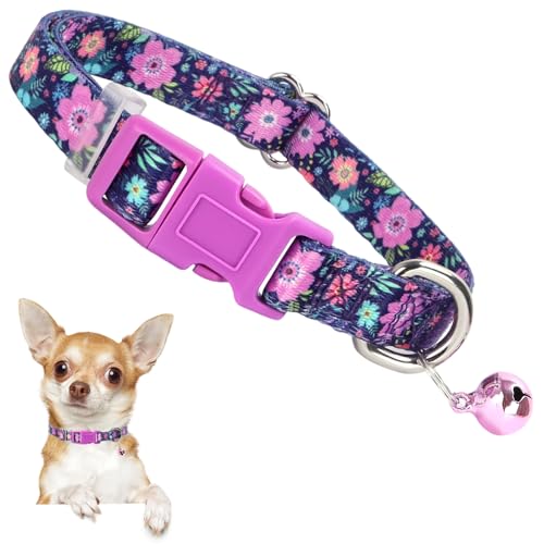 Geblümtes Welpenhalsband mit Glöckchen – Ultraweiches, verstellbares Kätzchen-sicheres Nylonhalsband für kleine Hunde, Chihuahua, Zwergspitz, Kätzchen, XS, S, Blumenmuster-Design von ONEFOJOJO