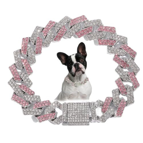 Hundehalsband, Diamant-Metall, kubanische Glieder-Hundehalsband, 15 mm breit, glitzernd, für kleine, mittelgroße und große Haustiere, Hunde, Katzen, Rosa (45.7 cm) von ONEFOJOJO