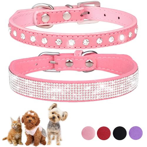 Hundehalsband für Welpen, niedliche Strasssteine, für Hunde und Katzen, mit Kristalldiamanten, Nieten, PU-Leder, Halsband für XXS, XS, kleine und mittelgroße Hundehalsbänder, 2 Stück (Rosa, M) von ONEFOJOJO