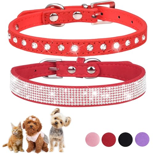 Hundehalsband für Welpen, niedliche Strasssteine, für Hunde und Katzen, mit Kristalldiamanten, Nieten, PU-Leder, Halsband für XXS, XS, kleine und mittelgroße Hundehalsbänder, 2 Stück (Rot, M) von ONEFOJOJO