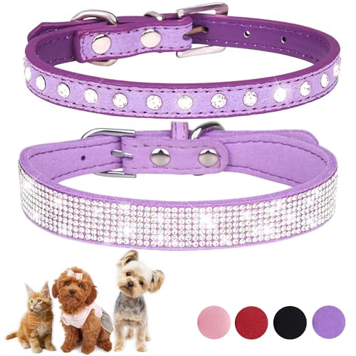 Hundehalsband für Welpen, niedliche Strasssteine, für Hunde und Katzen, mit Kristalldiamanten, Nieten, PU-Leder, Halsband für XXS, XS, kleine und mittelgroße Hundehalsbänder, 2 Stück (Violett, M) von ONEFOJOJO