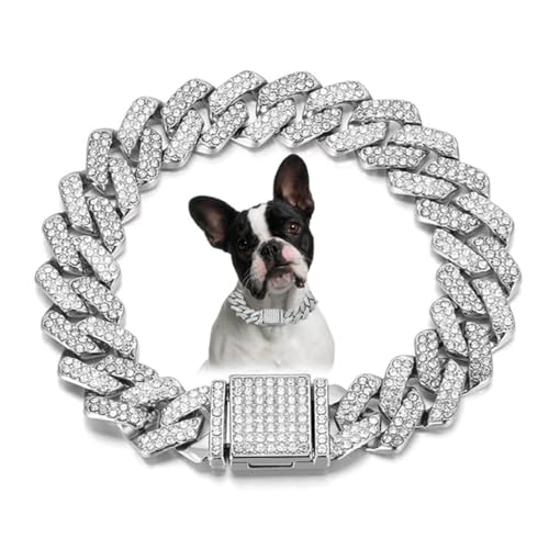 Silber-weißes Welpenkettenhalsband, glitzernde kubanische Gliederkette aus Metall, 15 mm breit, Diamant-Bling Welpen-Halskette für kleine, mittelgroße und große Haustiere, Hunde, Katzen (20.3 cm) von ONEFOJOJO