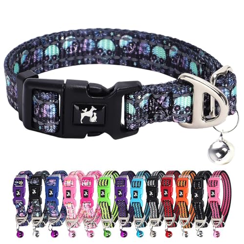 Hundehalsband für kleine Hunde mit Glöckchen, weiches, verstellbares Nylon-Halsband für kleine Rassen, Totenkopf-Muster, reflektierendes Halsband für Chihuahua, Zwergspitz, Yorkie, leicht und bequem von ONEFOJOJO