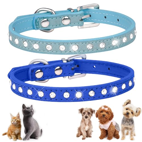 Hundehalsband für kleine Hunde mit Strasssteinen und Strasssteinen, für Mädchen, Jungen, Welpen, Katzen, 2 Stück, Größe M, Blau von ONEFOJOJO