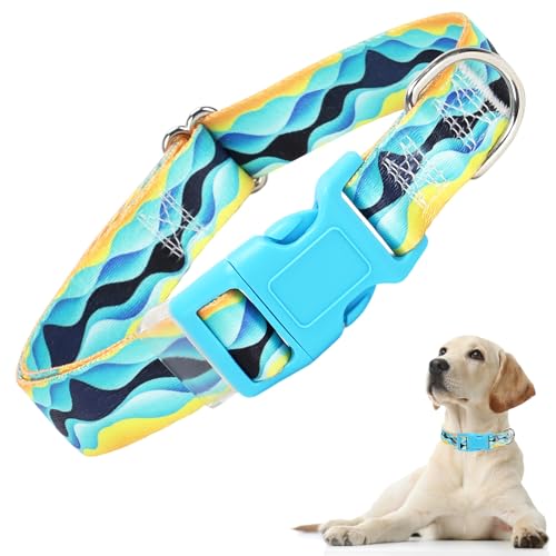 Hundehalsband für mittelgroße Hunde, niedliches blaues Hundehalsband mit Meereswellen-Muster, verstellbar, strapazierfähig, Haustierschnalle, Halsband für XS, kleine, mittelgroße und große Hunde (M) von ONEFOJOJO