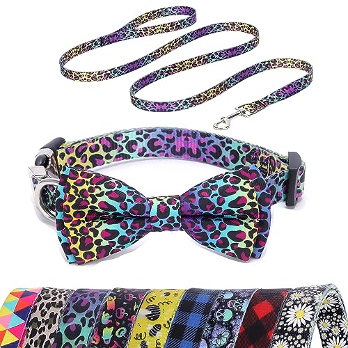 Hundehalsband und Leine, Set mit Fliege, für mittelgroße Hunde, weiches Nylon, für XS, kleine, mittelgroße und große Hunde oder Katzen, bunter Leopard für Jungen und Mädchen (Buntes Leopardenmuster, von ONEFOJOJO