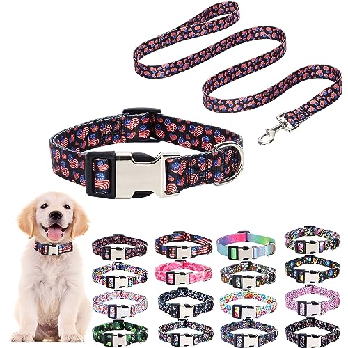 Hundehalsband und Leine, Set mit amerikanischer Flagge, für XS, S, M, L, 4. Juli, niedliches Hundehalsband, herzförmige amerikanische Flagge, Halsband für Welpen, Mädchen, Jungen, Hunde, Katzen (Herz von ONEFOJOJO