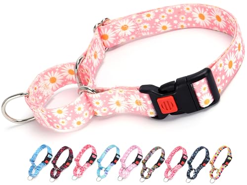 Martingale-Hundehalsband für kleine, mittelgroße und große Hunde, verstellbare Sicherheitsschnalle, Hundehalsband mit Gänseblümchen, Spaziergangstraining, Jungen und Mädchen, Rosa (Daisy-L von ONEFOJOJO