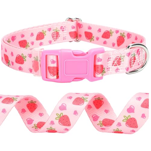 ONEFOJOJO Hundehalsband, niedliches rosa Erdbeeren-Stil, Hundehalsband für XL-Hunde, weiches Nylon, Welpenhalsband für Jungen und Mädchen, Hündinnen, verstellbar, strapazierfähig, mit von ONEFOJOJO