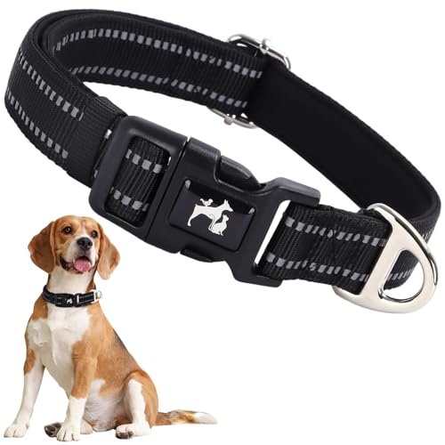 ONEFOJOJO Reflektierendes Hundehalsband für mittelgroße Hunde, verstellbar, weich, atmungsaktiv, bequem, Nylon, Haustierhalsband für mittelgroße und große Hunde (Schwarz, M) von ONEFOJOJO