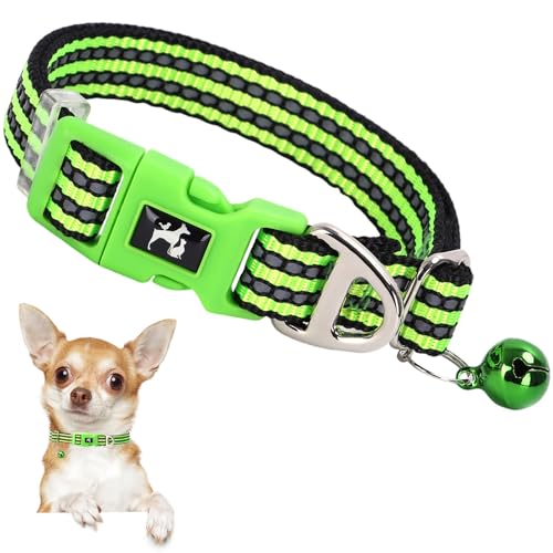 ONEFOJOJO XXS-XS Hundehalsband mit Glöckchen, reflektierend, verstellbar, für kleine Rassen, für Mädchen, Jungen, Chihuahua, Welpen, Nachtspaziergang, Sicherheitszubehör (Grün, XS) von ONEFOJOJO