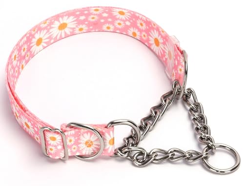 Pink Daisy Martingale Hundehalsband mit Edelstahl-Kettenhalsbändern (XL) von ONEFOJOJO