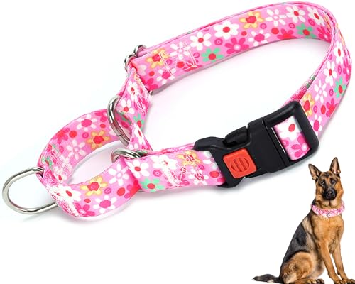 Rosa Martingale-Halsband für mittelgroße Hunde mit Sicherheitsschnalle, verstellbares Mädchen-Hundehalsband mit Blumen-Design, strapazierfähig, rutschfest, ideal für Whippets, Windhunde und mehr, von ONEFOJOJO