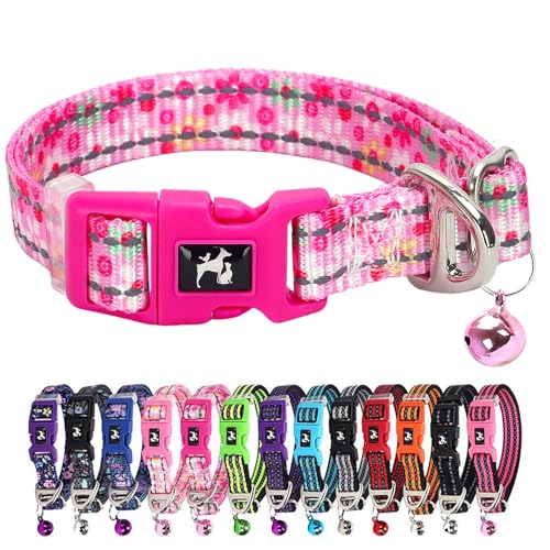 Rosa kleines Hundehalsband mit Glocke - Reflektierendes weiches Kätzchen-sicheres Halsband für kleine Hunde, verstellbares Blumenmuster Nylonhalsband für Teetasse Chihuahua Zwergspitz-Kätzchen (kleine von ONEFOJOJO