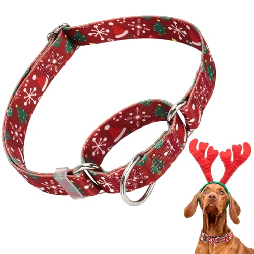 Weihnachtliches Martingale-Halsband für Hunde mit Schneeflocken und Weihnachtsbäumen, verstellbares, rutschfestes Hundehalsband, weiches Nylon, ideal für Whippets, Windhunde und mehr (M) von ONEFOJOJO