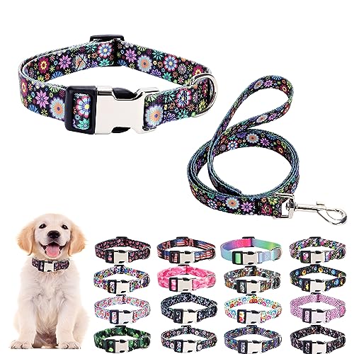 Welpenhalsband und Leine, Set für den täglichen Spaziergang im Freien, Laufen, Training, Design für extra kleine Jungen, Mädchen, Hunde, Katzen, Haustiere, bunte Blumen, Größe M von ONEFOJOJO