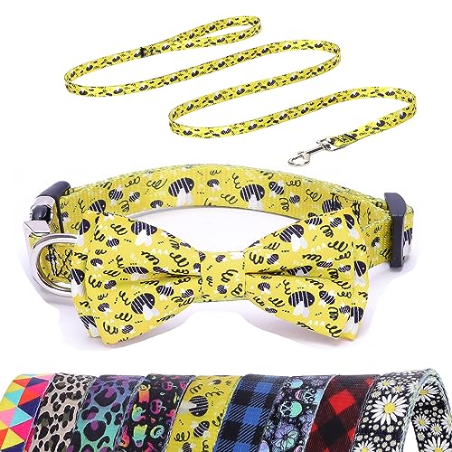 Yellow Bees Hundehalsband und Leine, mit Fliege, verstellbares Hundehalsband für männliche und weibliche Hunde, Welpen, gelbe Halsbänder für XS, kleine, mittelgroße und große Hunde oder Katzen (Biene von ONEFOJOJO