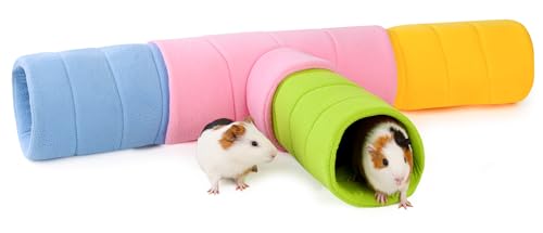 ONEJU Meerschweinchentunnel, Vier stapelbare Tunnel für Meerschweinchen, 1 rosa Meerschweinchen 3-Wege-Tunnel und 3 Meerschweinchen 2-Wege-Spielröhren, rosa, blau, grün und gelb von ONEJU