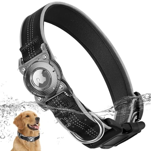 ONEONTA Airtag Hundehalsband Wasserdicht | Airtag Hund - Airtag Anhänger Hund mit Abnehmbarer Metallschlaufe, Weich Gepolstertes Neopren Nylon, Reflektierend, Verstellbare für Airtag Hunde, Schwarz, S von ONEONTA