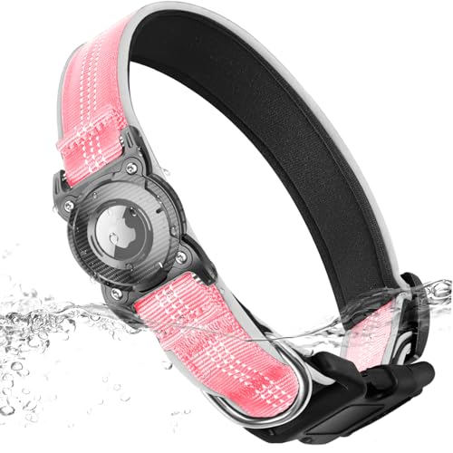 ONEONTA Airtag Hundehalsband Wasserdicht | Airtag Hund - Airtag Anhänger Hund mit Abnehmbarer Metallschlaufe, Weich Gepolstertes Neopren Nylon, Reflektierend, Verstellbare für Airtag Hunde, Rosa, XL von ONEONTA