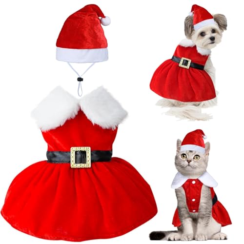 Hunde Weihnachtskostüm Rot, Haustier Weihnachtskostüm Plüsch, Katzen Weihnachtskostüm, Weihnachtsmütze Hund, Dog Christmas Outfit, Weihnachtskostüm für Kleine bis Mittelgroße Hunde und Katzen (Rot-M) von ONRAGT