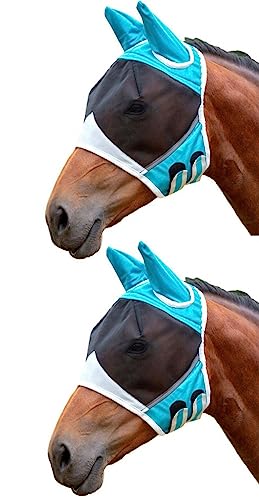 Fliegenmaske für Pferde, atmungsaktiv, feinmaschig, gegen Mücken, mit Ohren, Größe L, Blau, 2 Stück von OOGUDE