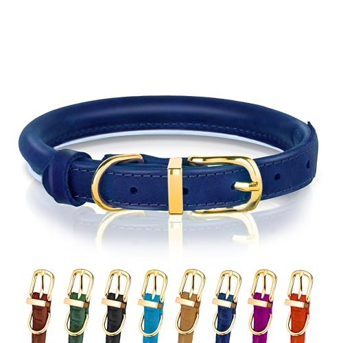 Hundehalsband aus gerolltem Leder - Leder Welpenhalsbänder für kleine Hunde Katzen - Runde Hundehalsbänder für mittelgroße Hunde - Weich Gepolstert (18-23cm, Blau) von OOPSDOGGY