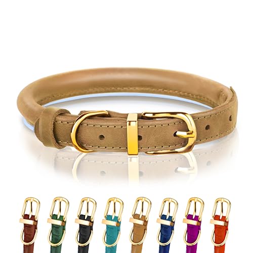 Hundehalsband aus gerolltem Leder - Leder Welpenhalsbänder für kleine Hunde Katzen - Runde Hundehalsbänder für mittelgroße Hunde - Weich Gepolstert (20-28cm, Camel) von OOPSDOGGY