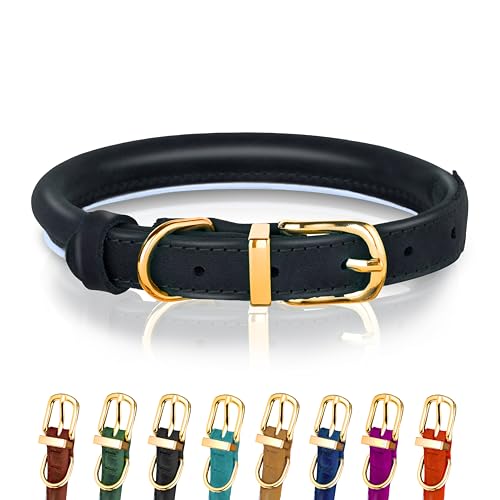 Hundehalsband aus gerolltem Leder - Leder Welpenhalsbänder für kleine Hunde Katzen - Runde Hundehalsbänder für mittelgroße Hunde - Weich Gepolstert (25-33cm, Schwarz) von OOPSDOGGY