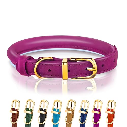 Hundehalsband aus gerolltem Leder - Leder Welpenhalsbänder für kleine Hunde Katzen - Runde Hundehalsbänder für mittelgroße Hunde - Weich Gepolstert (43-53cm, Rose) von OOPSDOGGY